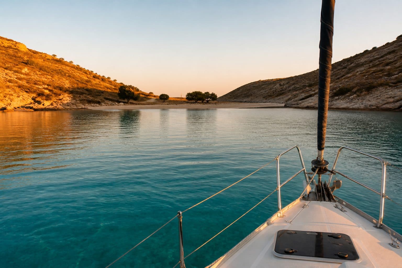 Eaux turquoise d'Anti-Paxos vues d'un voilier au mouillage