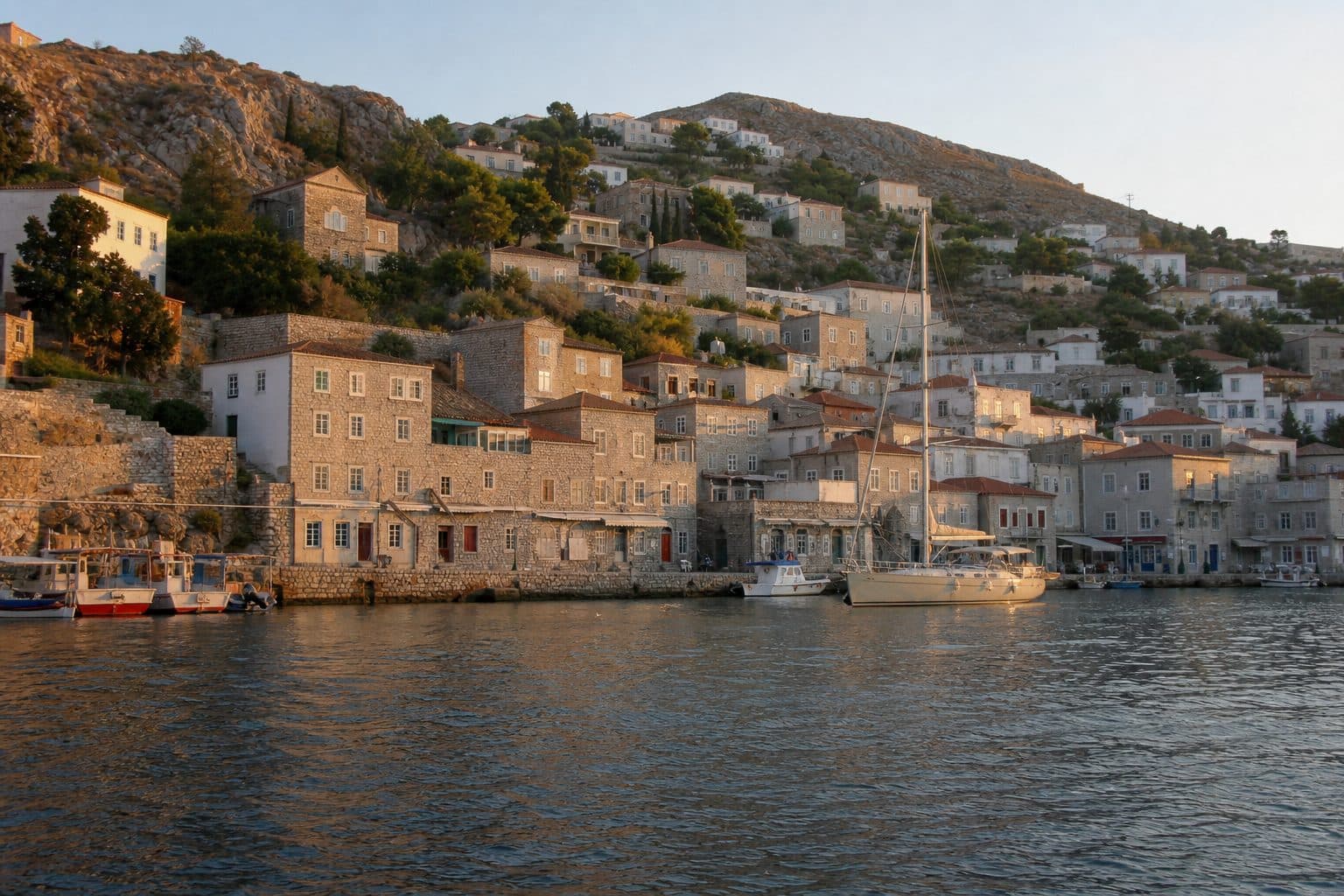 Port d'Hydra avec ses maisons de pierre à flanc de colline